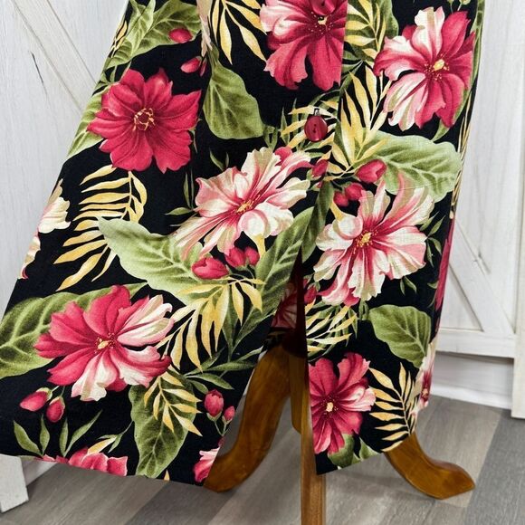 Haggar Vintage Linen Tropical Flower Print Button Front Maxi Skirt Black Pink 8 - Picture 6 of 11